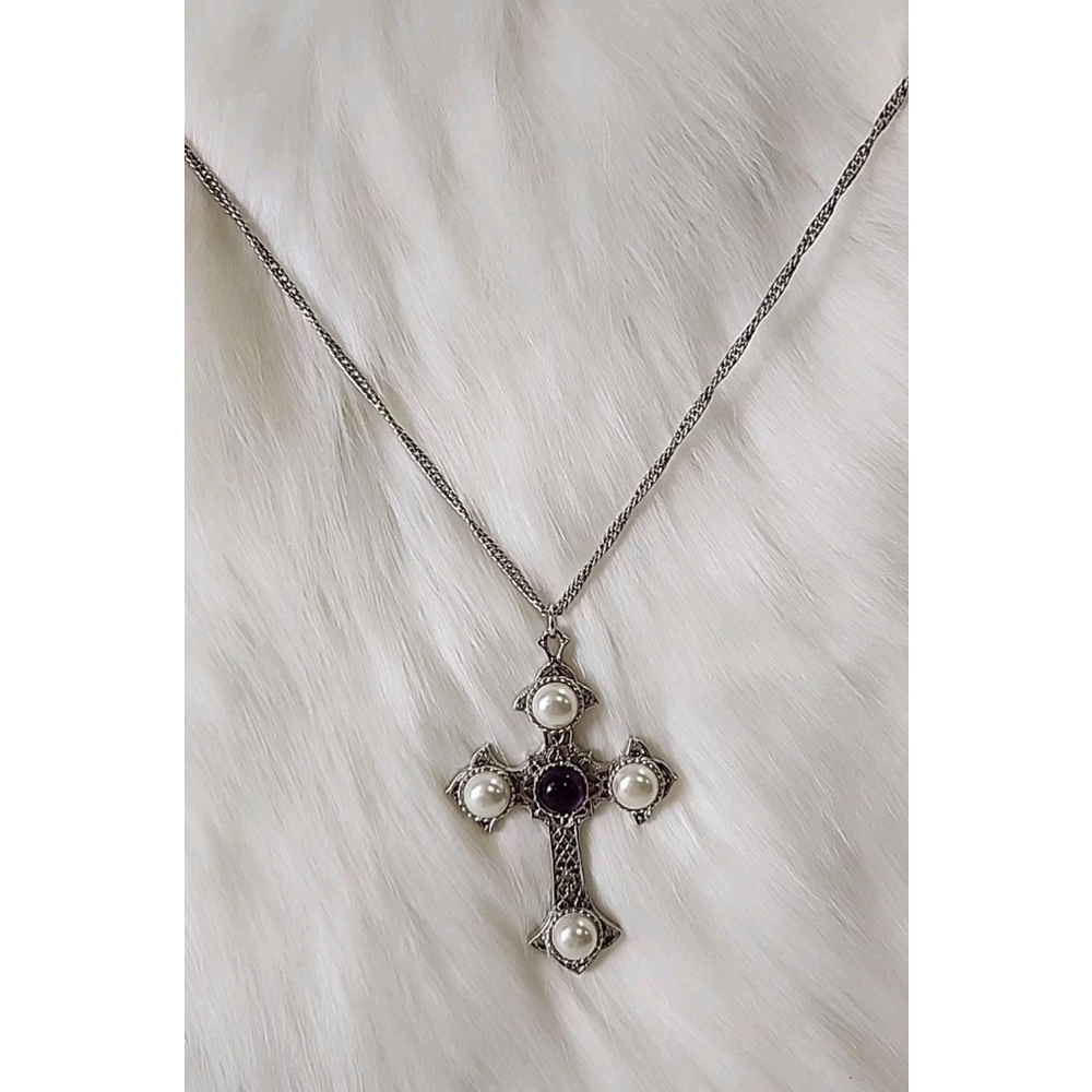 Vintage Sarah Coventry Baroque Cross Pearl Amethyst Necklace